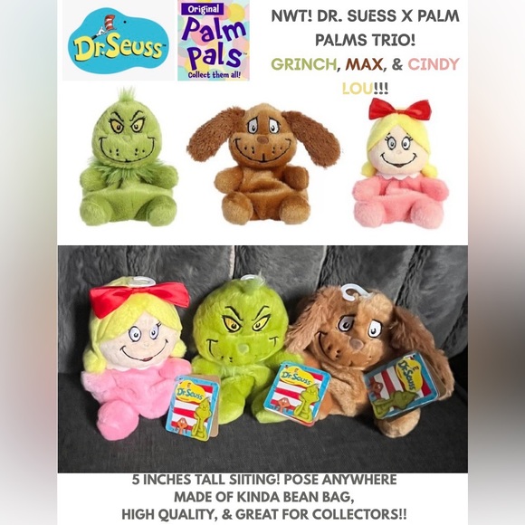 NWT! TRIO DR.SUESS X PALM PALS GRINCH & MAX & SURPRISE CINDY LOU HOO STUFFIES! - Picture 1 of 3